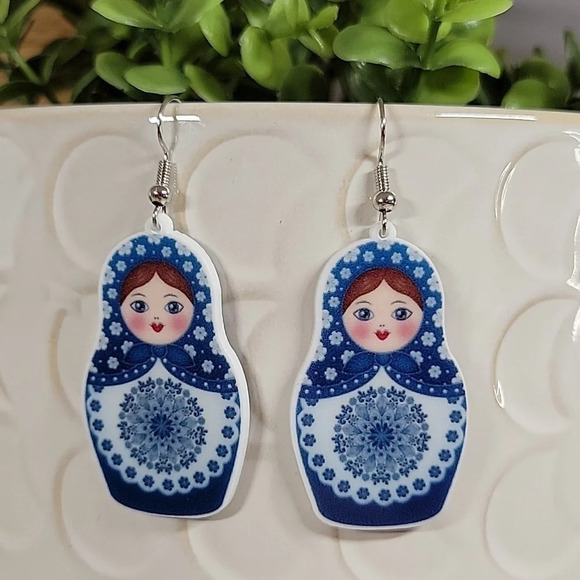 Matryoshka Drop Earrings, blue - Picture 5 of 6